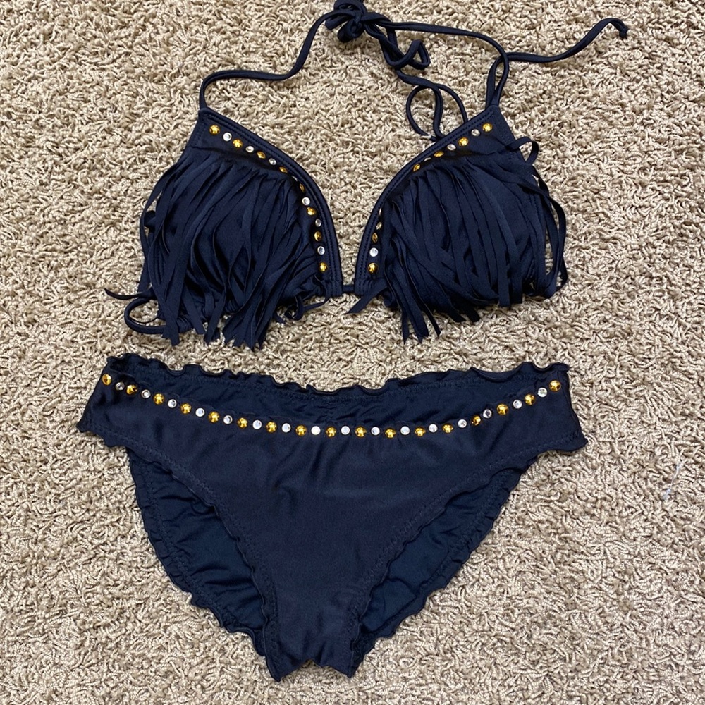 Luli Fama sz L full rouched bottom and XL triangle top / fringe studs & crystals